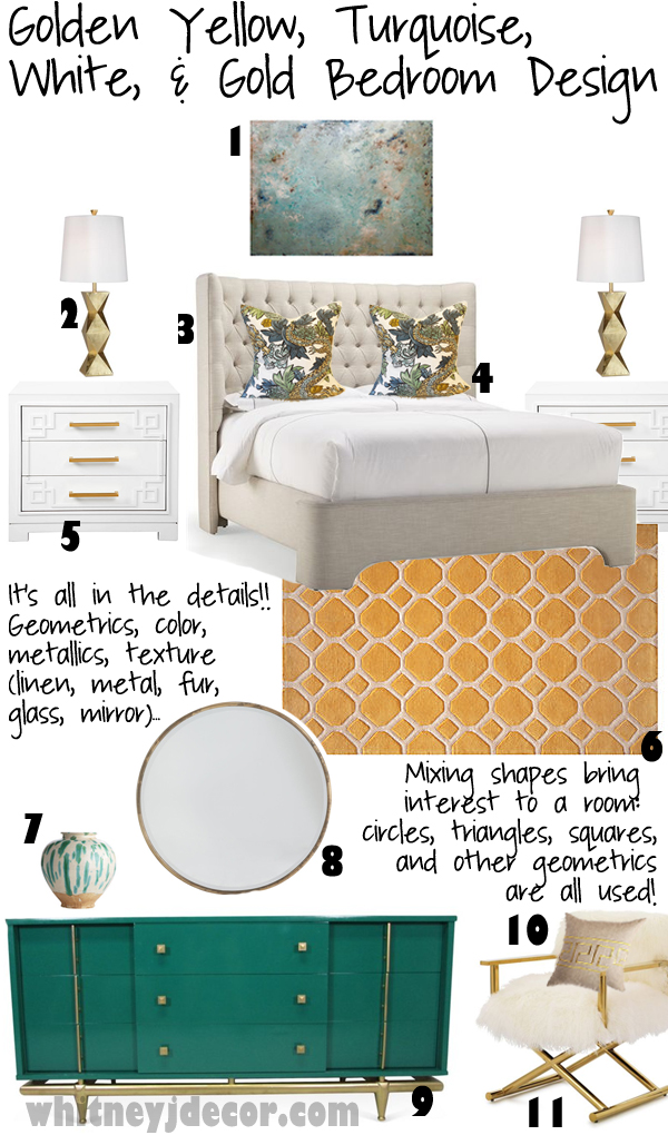 Golden Yellow, Turquoise, Gold, and White Bedroom Design
