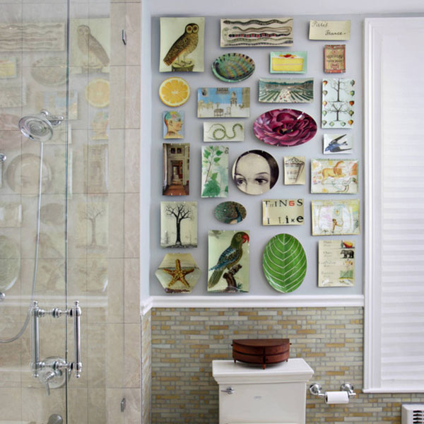 add colorful art in the bathroom to bring in more color