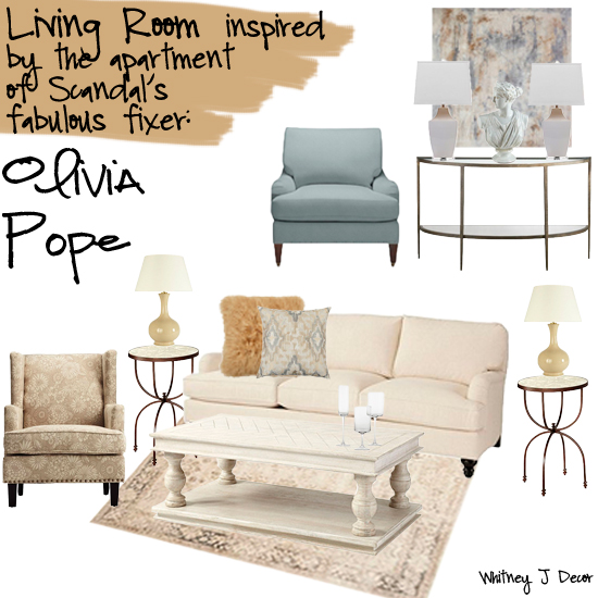 Living Room design board inspired by the apartment of Scandal's fabulous fixer, Olivia Pope.
