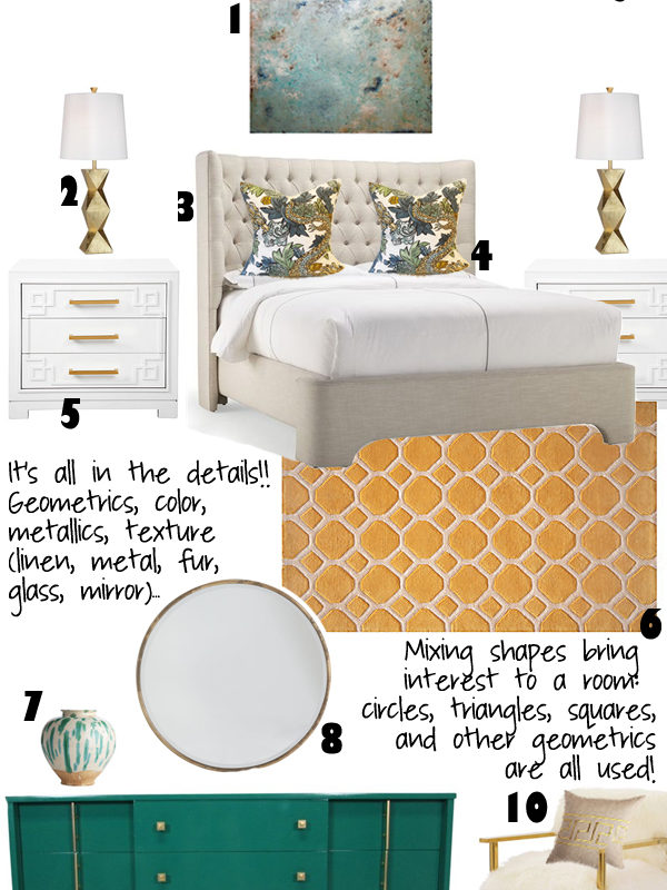 yellow, turquoise, gold, & white bedroom design board