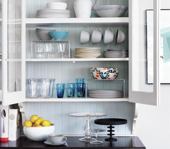 Real Simple organized dishware cabinet
