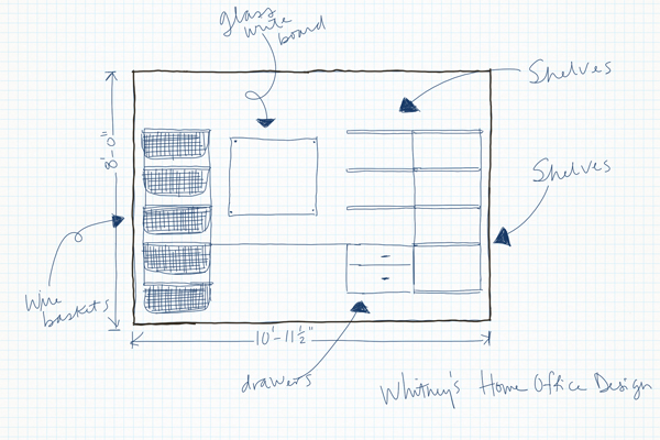 using organized living freedomrail storage system on a long wall in a dining room home office