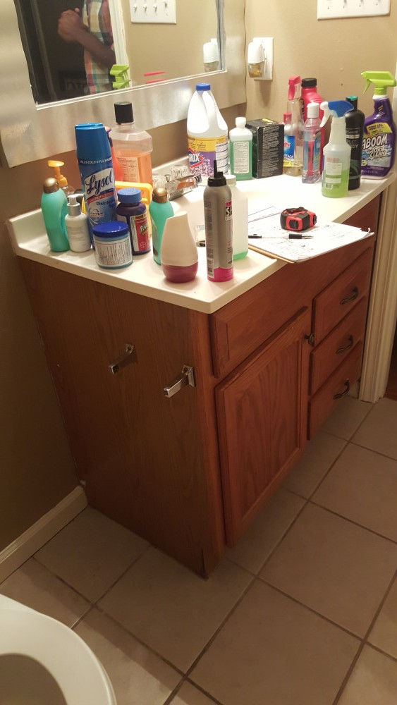 before and after; eclectic, blue guest bathroom