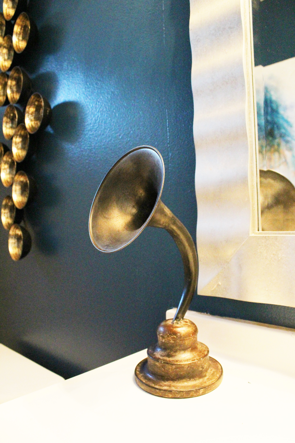 eclectic, blue guest bathroom