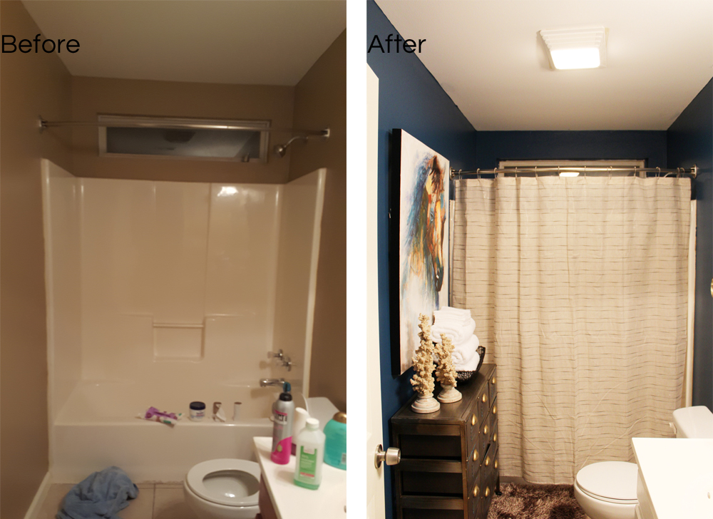 before and after; blue, eclectic guest bathroom