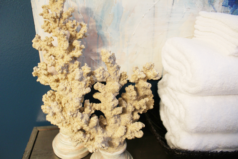 eclectic, blue guest bathroom