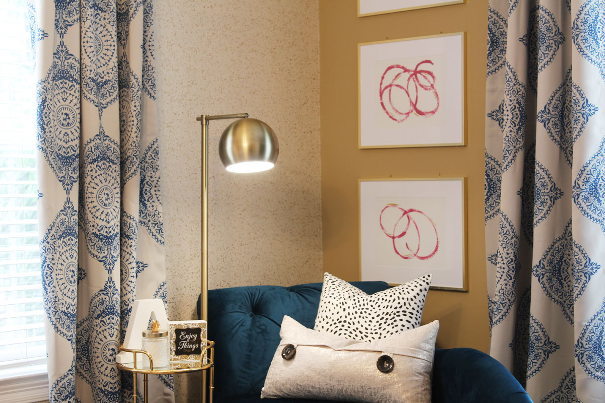 pink and blue transitional bedroom | blue bedroom | pink bedroom | transitional bedroom | glam bedroom | pink diy art | how to transform a master bedroom | white campaign dresser | blue chaise | nate berkus bedding