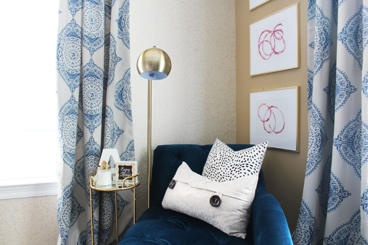 pink and blue transitional bedroom | blue bedroom | pink bedroom | transitional bedroom | glam bedroom | pink diy art | how to transform a master bedroom | white campaign dresser | blue chaise | nate berkus bedding