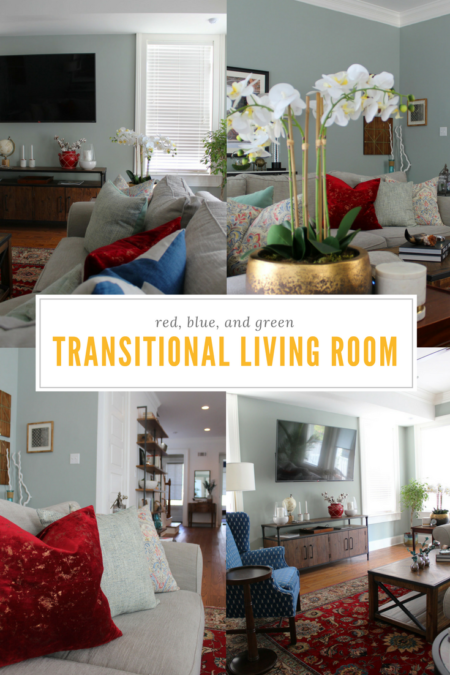 red and blue transitional living room | whitney j decor | new orleans homes | nola decor | red pillows | green walls | sherwin williams oyster gray on the walls | vintage red rug | pottery barn sectional | convertible coffee table | new orleans interior designer | new orleans decorator | new orleans blogger | nola interior designer | nola decorator | nola blogger