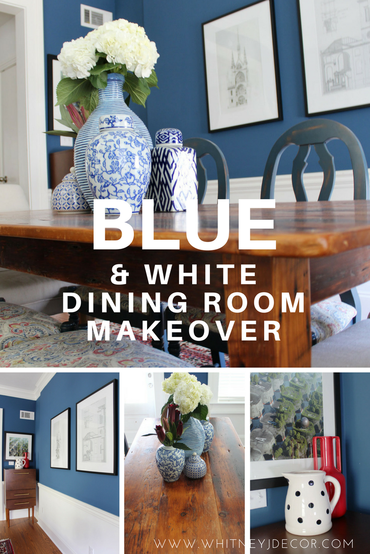 blue and white transitional dining room makeover