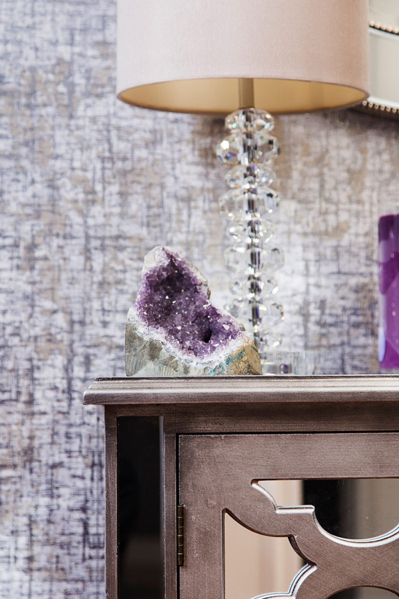 gray and purple entryway with wallpaper