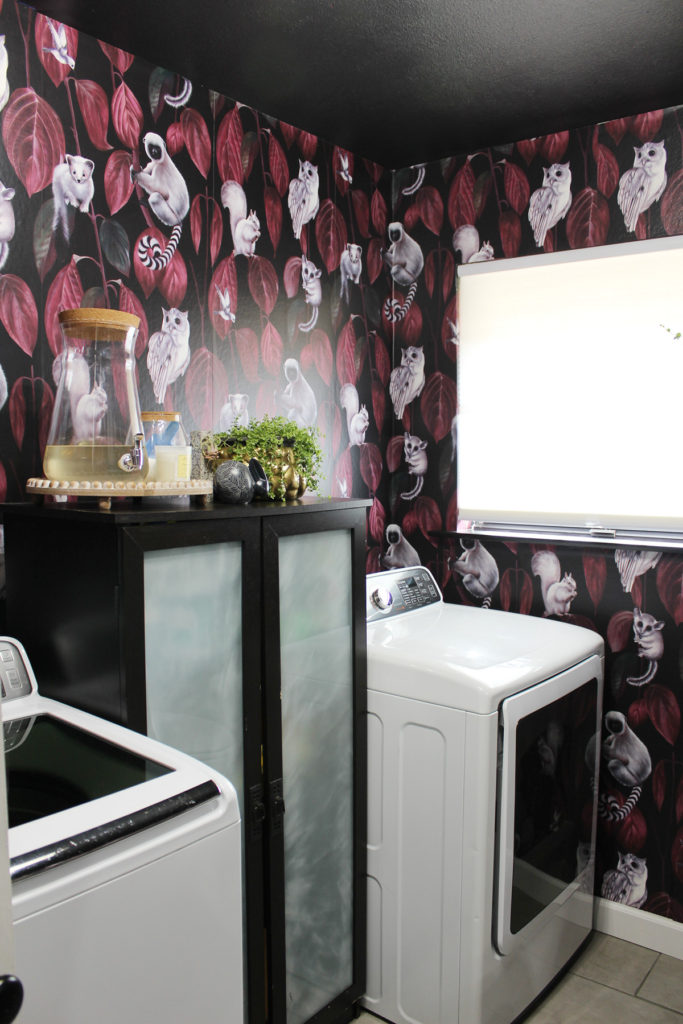 bold wallpaper in a laundry room