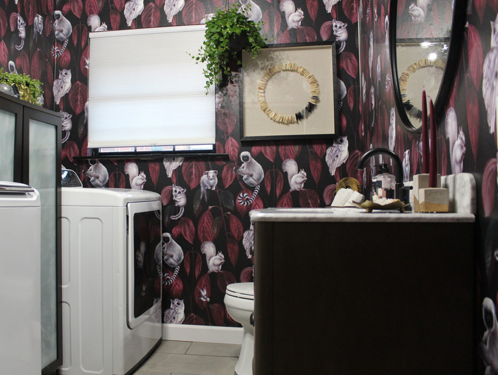 bold wallpaper in a laundry room