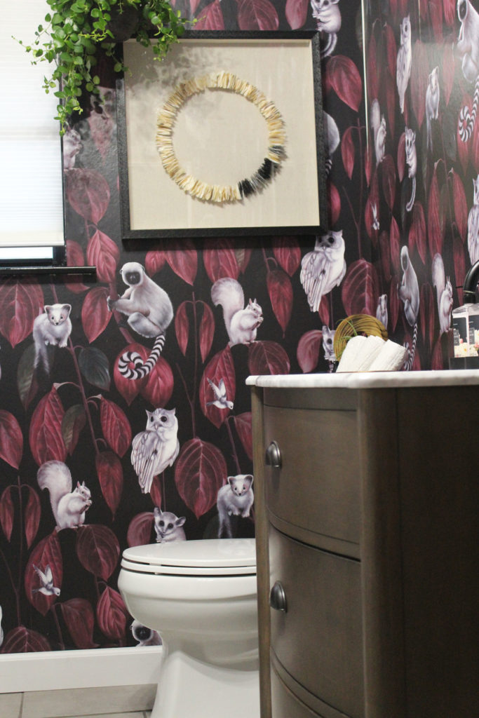 bold wallpaper in a laundry room