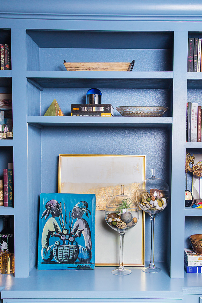 blue built in unit in dining room