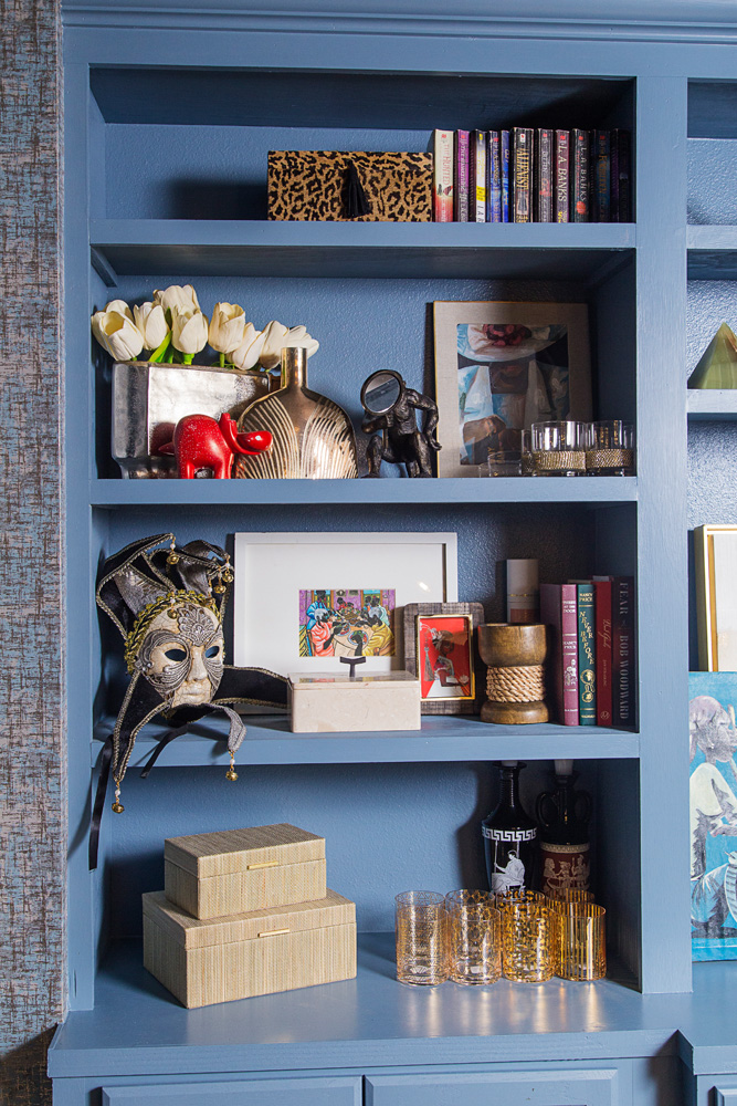 blue built in unit in dining room