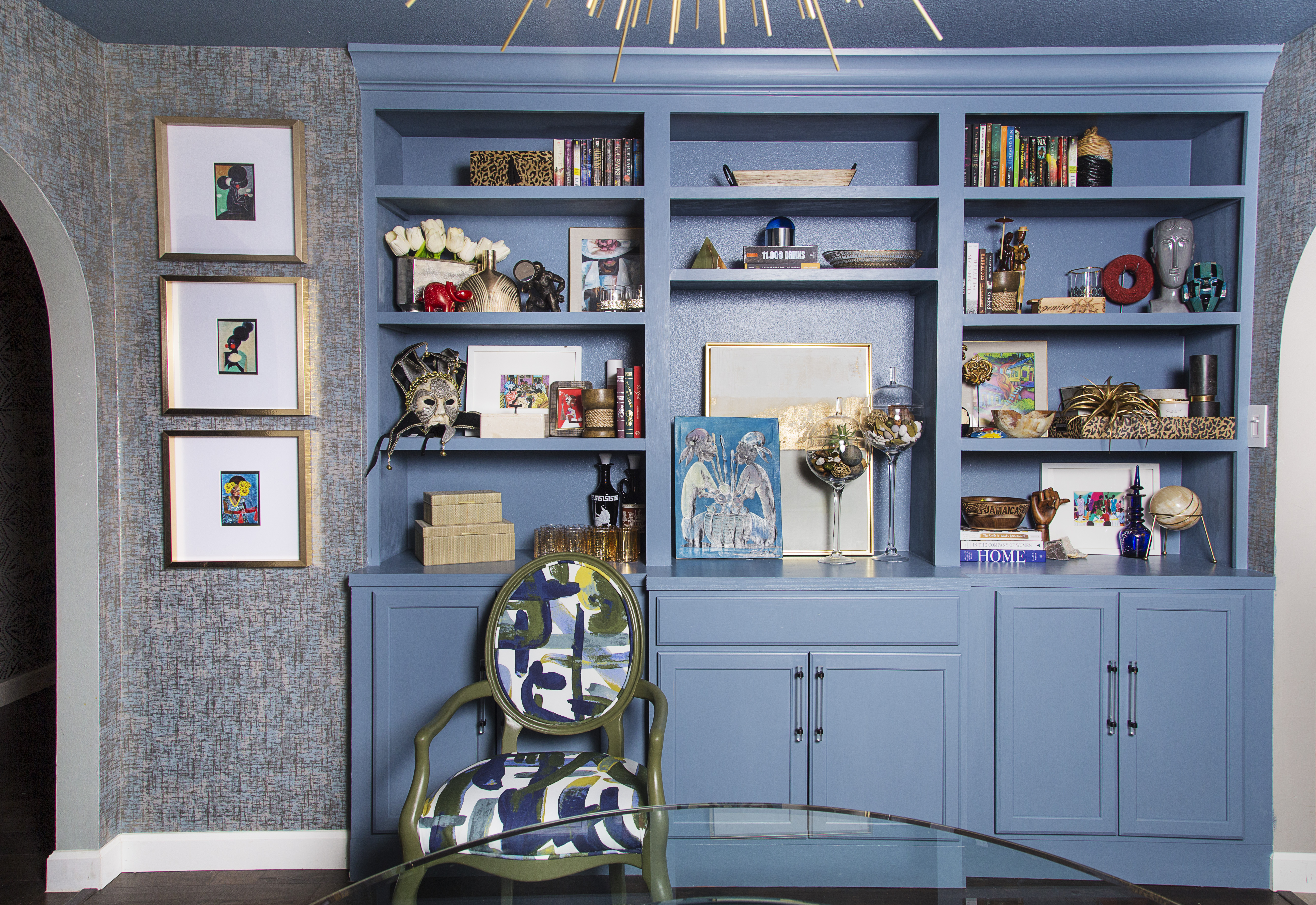blue built-in unit in dining room