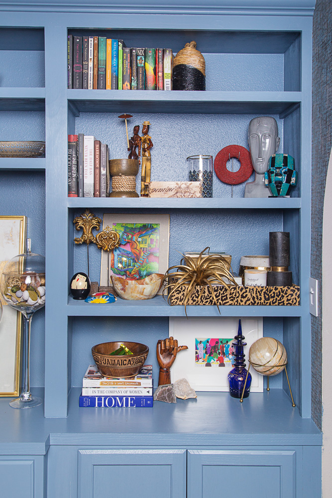 light blue built in bookcase