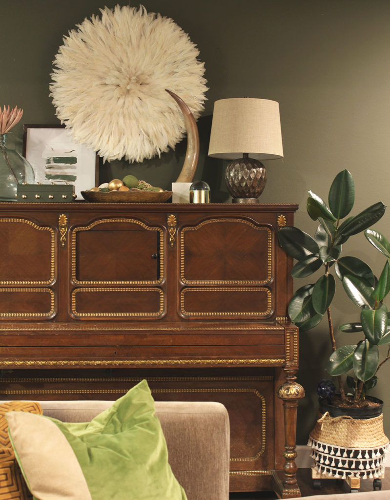 living room decor, styling around a vintage piano