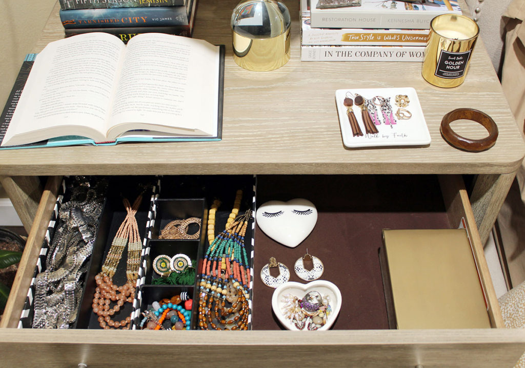 how to style a nightstand, organizing a bedroom, the inside of a nightstand drawer